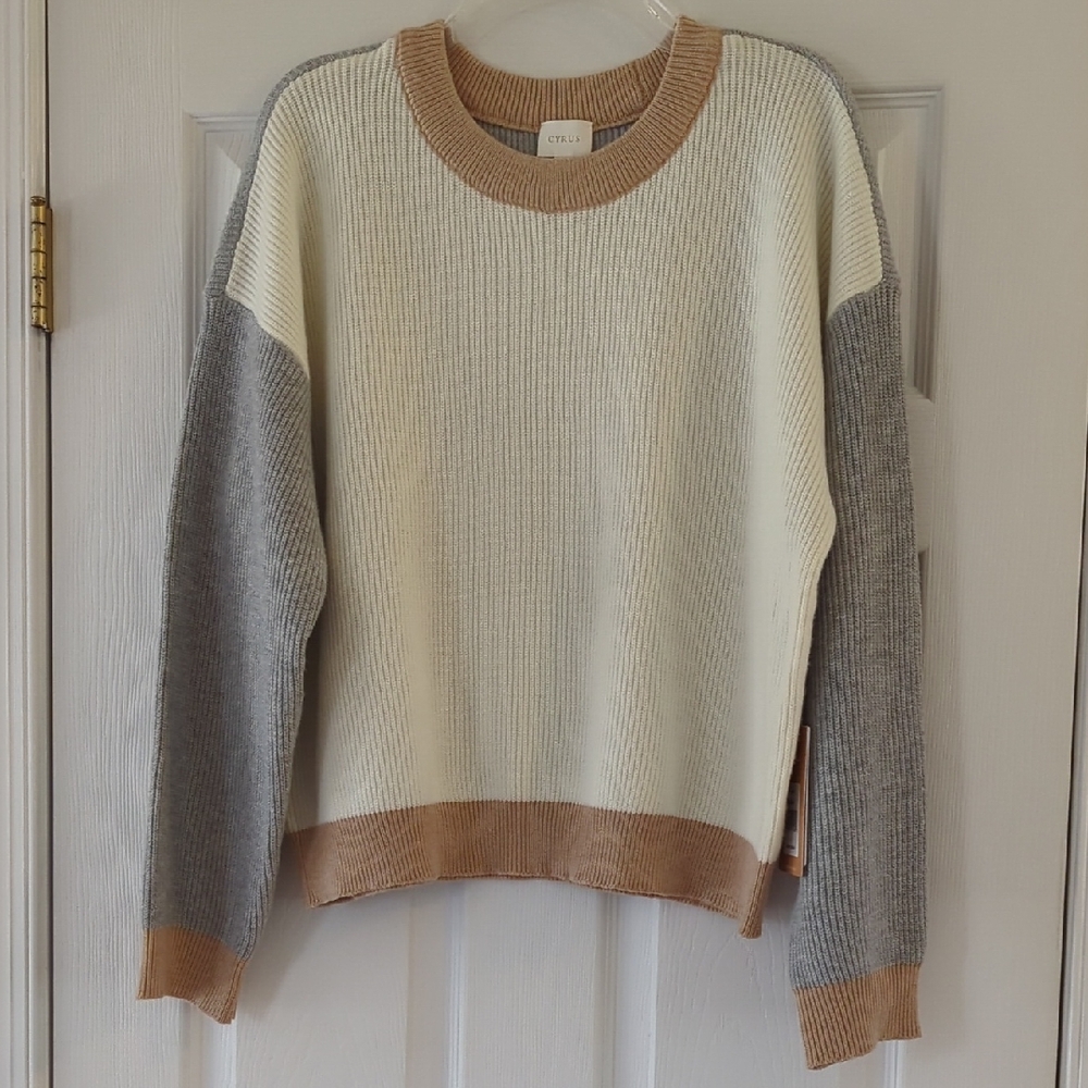 Cyrus Grey Cream Colorblock Sweater NWT